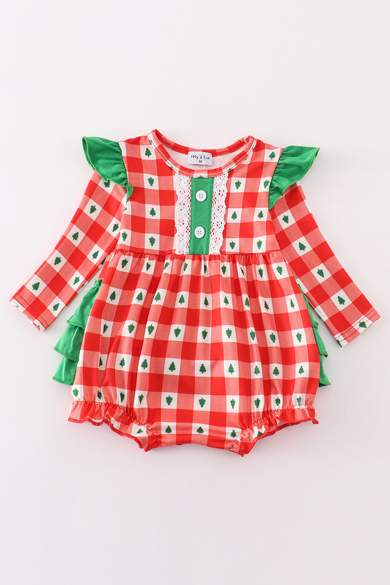 Red Christmas Tree Gingham Bubble Romper