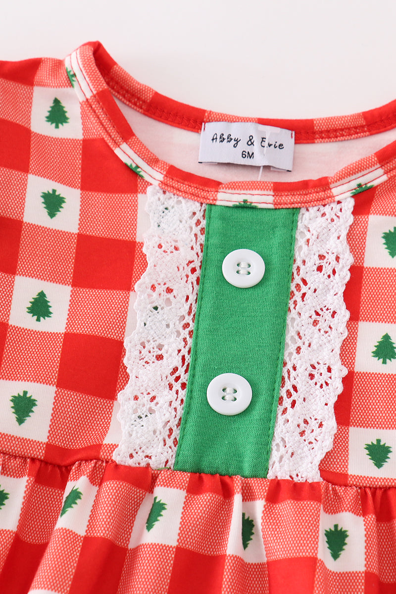 Red Christmas Tree Gingham Bubble Romper