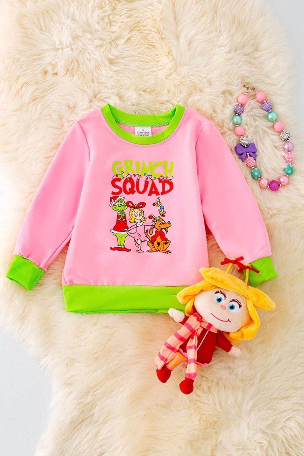 Pink Christmas Sweatshirt with Neon Green Trim