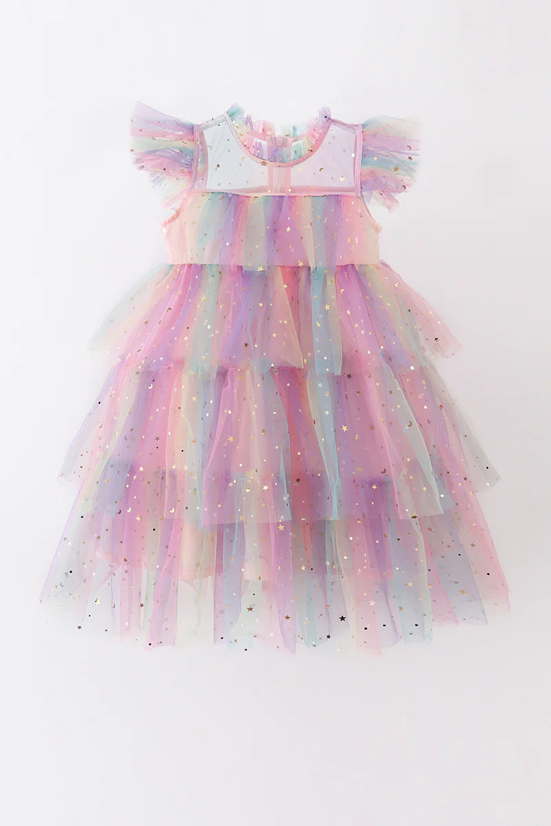 Rainbow Star Tiered Ruffle Tulle Dress